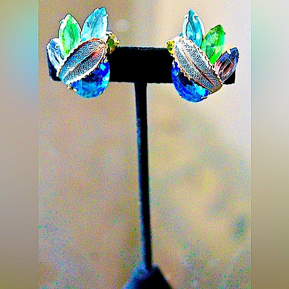 WEISS EARRINGS CLIP ON VINTAGE  GREENS BLUES CRYSTAL SILVER - Picture 2 of 8